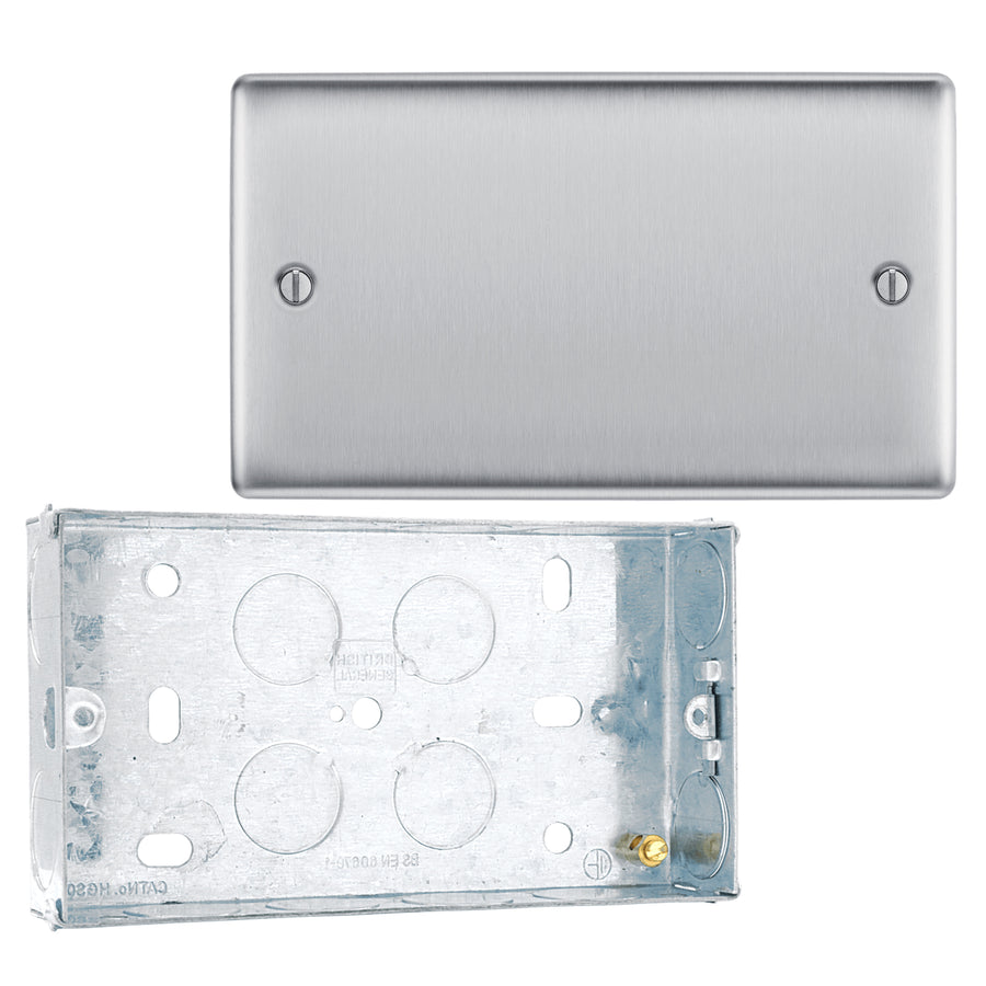 BG Nexus Brushed Steel Double Blank Plate NBS95 and 25mm Steel Back Box