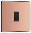 PCDCP13B Front - This Evolve Polished Copper 20A 16AX intermediate light switch from British General should be used as the middle switch when you need to operate one light from 3 different locations, such as either end of a hallway and at the top of the stairs.