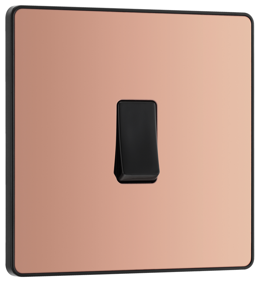 PCDCP13B Front - This Evolve Polished Copper 20A 16AX intermediate light switch from British General should be used as the middle switch when you need to operate one light from 3 different locations, such as either end of a hallway and at the top of the stairs.