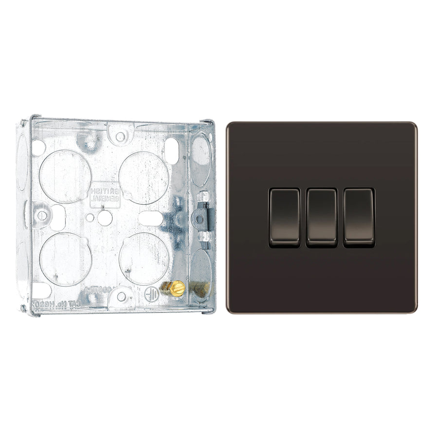 BG Screwless Black Nickel 20A 16AX 2 Way Triple Light Switch FBN43 with 25mm Steel Back Box