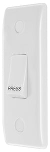 BG 849 White Round Edge 10A Single Architrave Switch marked PRESS 1 Way