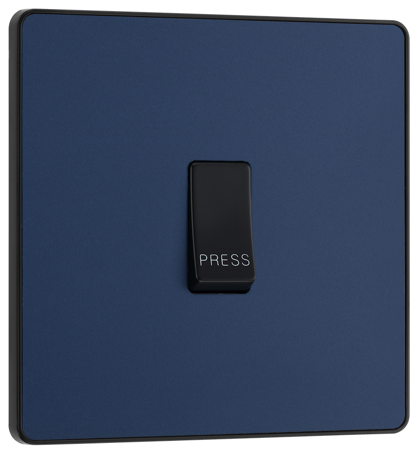 PCDDB14B Front - This Evolve Matt Blue bell push switch from British General is ideal for use where access is restricted such as office buildings or hospitals, where visitors need to let those inside know they have arrived.