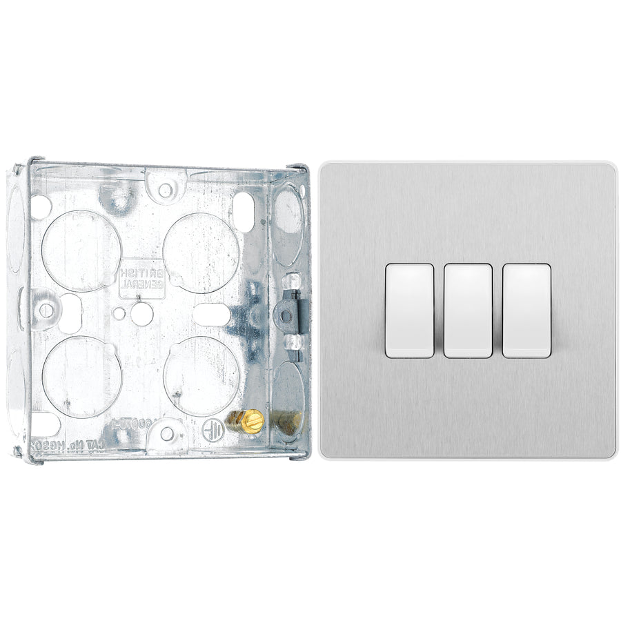 BG Evolve Brushed Steel 3 Gang 20A 16AX 2 Way Light Switch PCDBS43W with 25mm Steel Back Box