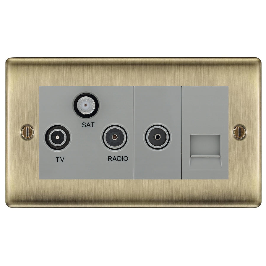 BG Nexus Antique Brass TV/FM/SAT + Return & 1 Gang Tel - Screened Triplex Socket NAB68G
