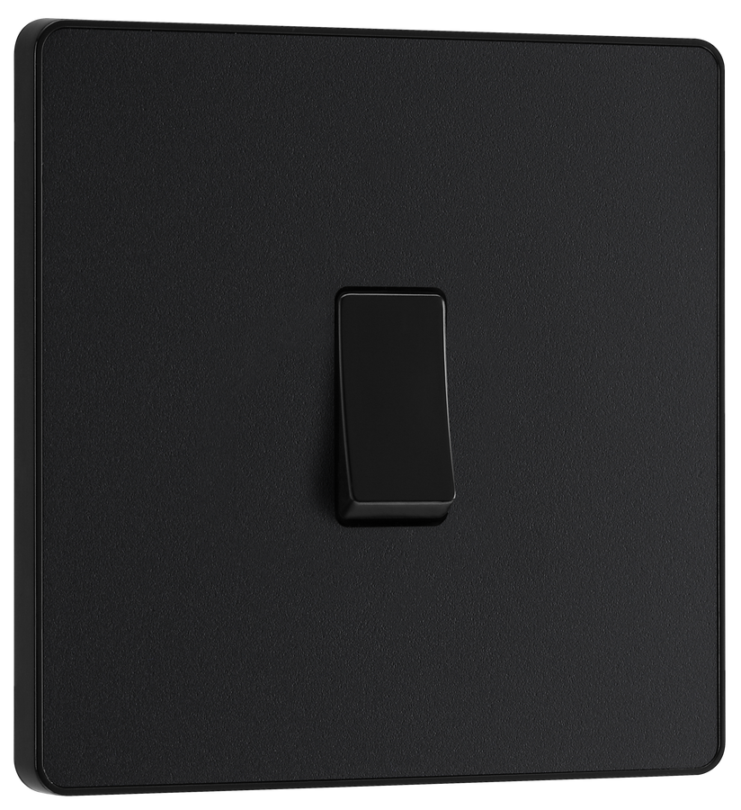 PCDMB12B Front - This Evolve Matt Black 20A 16AX single light switch from British General will operate one light in a room. The 2 way switching allows a second switch to be added to the circuit to operate the same light from another location (e.g. at the top and bottom of the stairs).