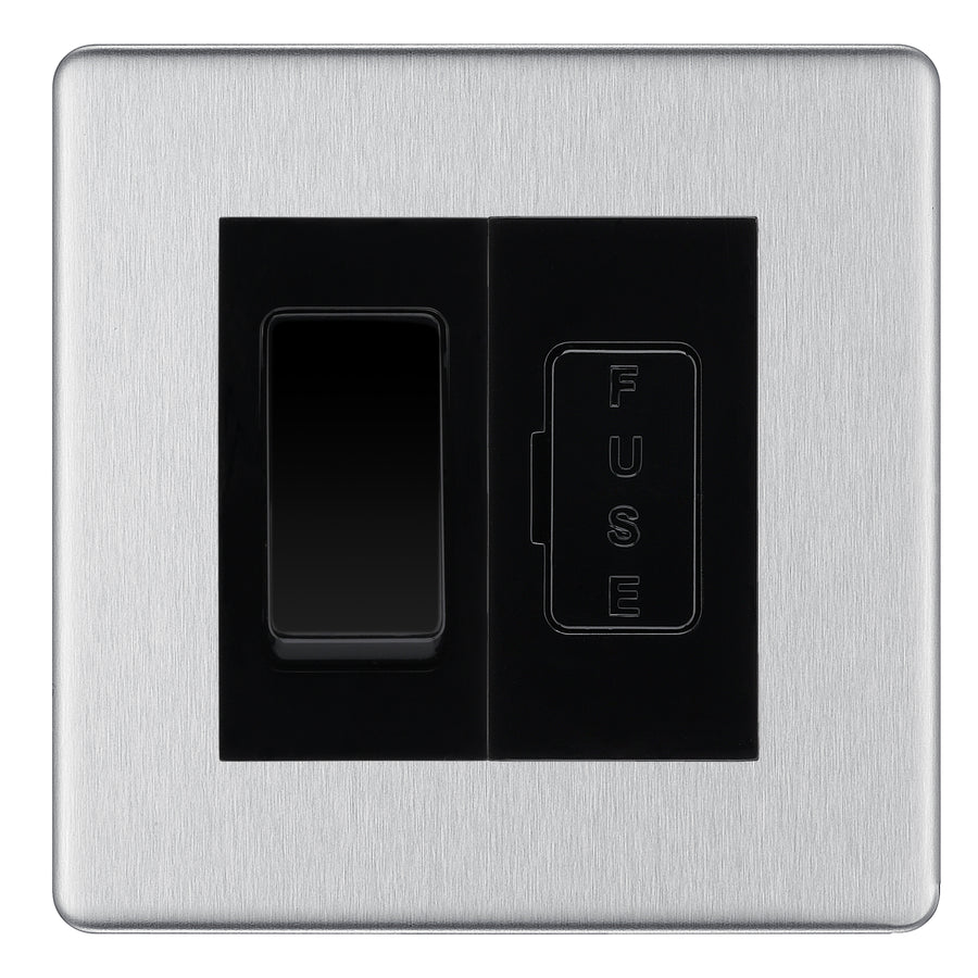 BG Screwless Brushed Steel 2 Way Light Switch & 13A Fused Spur Plate | Black Insert