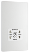 PCDCL20W Front - This Evolve pearlescent white dual voltage shaver socket from British General is suitable for use with 240V and 115V shavers and electric toothbrushes.