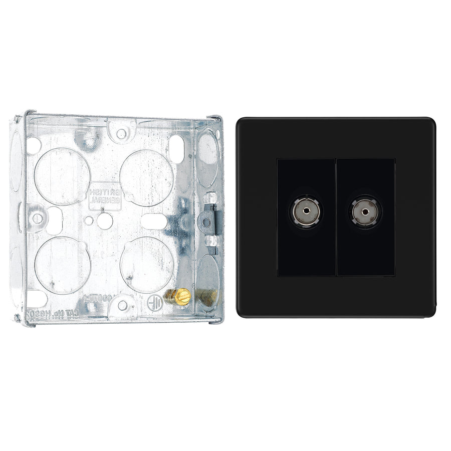 BG Screwless Matt Black 2 Gang Coaxial TV Socket FFB61 with 25mm Steel Back Box
