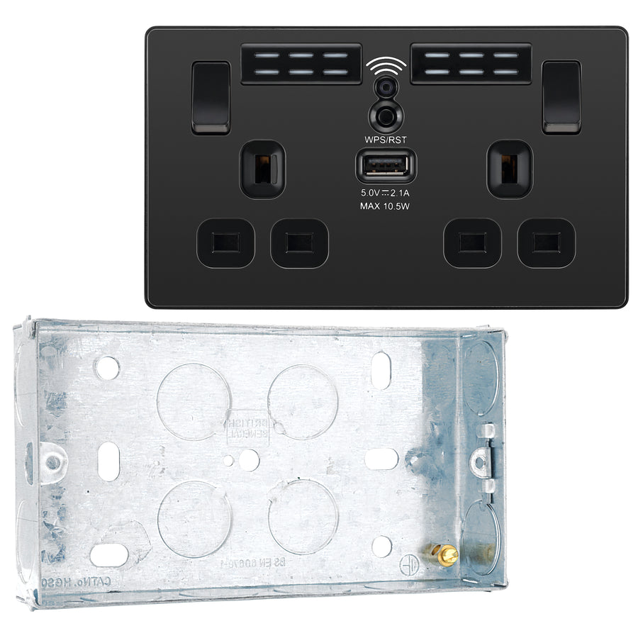 BG Evolve Black Chrome Double USB Socket with WiFi Extender PCDBC22UWRB with 25mm Steel Back Box