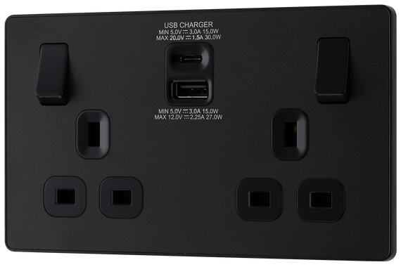 BG Evolve PCDMB22UAC30B Matt Black 2 Gang 13A Socket-Black Insert