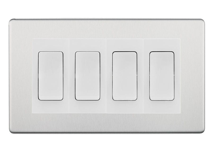 BG Screwless Brushed Steel 4-Gang Light Switch 2x 2-Way + 2x Intermediate – White Inserts