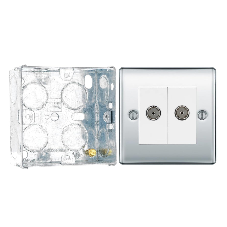 BG Nexus Polished Chrome 2 Gang 1x TV 1x FM Diplex Socket Outlet NPC66 with 35mm Steel Back Box