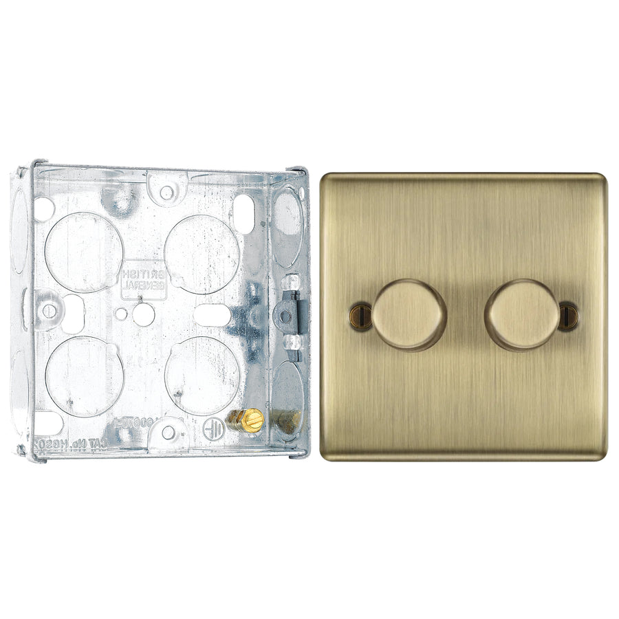 BG Nexus Antique Brass 200W 2 Way Double Trailing Edge Dimmer Switch NAB82 with 25mm Steel Back Box