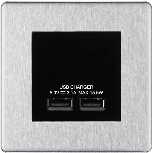 BG Screwless Brushed Steel Dual USB Charger 3.1A Output Socket - Black Insert