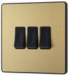 BG Evolve PCDSB43B Satin Brass 3 Gang 20A 16AX 2 Light Switch-Black Insert