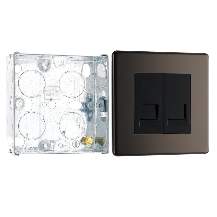 BG Screwless Black Nickel Double Secondary Telephone Socket FBNBTS2 with 25mm Steel Back Box
