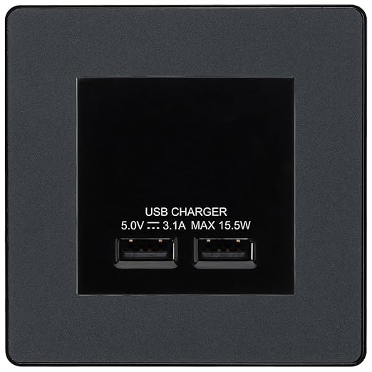 BG Evolve Matt Grey Dual USB Charger 3.1A Output Socket - Black Insert