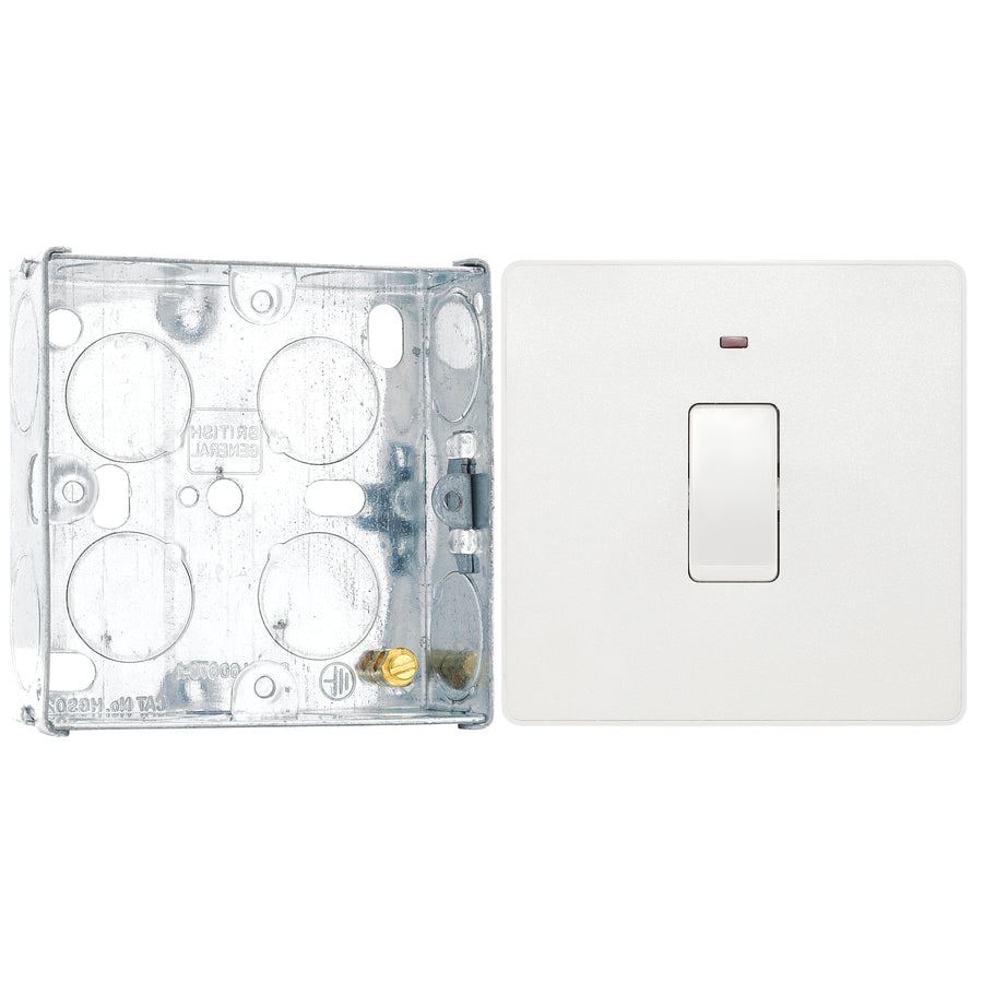 BG Evolve Pearlescent White 20A 2 Pole LED Switch PCDCL31W with 25mm Steel Back Box