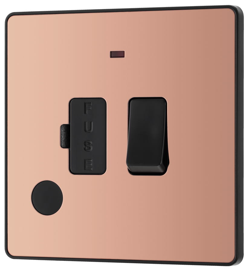 PCDCP52B Front - This Evolve Polished Copper 13A fused and switched connection unit from British General with power indicator provides an outlet from the mains containing the fuse, ideal for spur circuits and hardwired appliances.