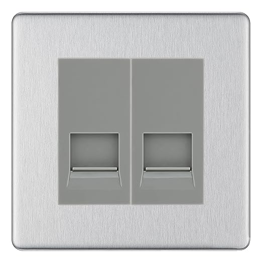 BG Screwless Brushed Steel Double RJ11 Telephone Socket FBSRJ112 - Grey Insert