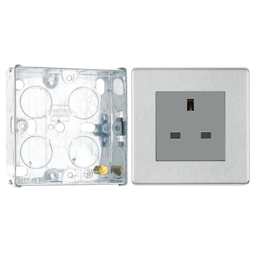 BG Screwless Brushed Steel 13A Flatplate Single Socket Unswitched FBS23G with 25mm Steel Back Box