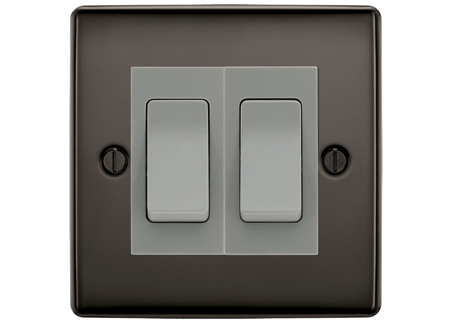 BG Nexus Black Nickel 2-Gang Light Switch 1x 2-Way + 1x Intermediate – Grey Inserts