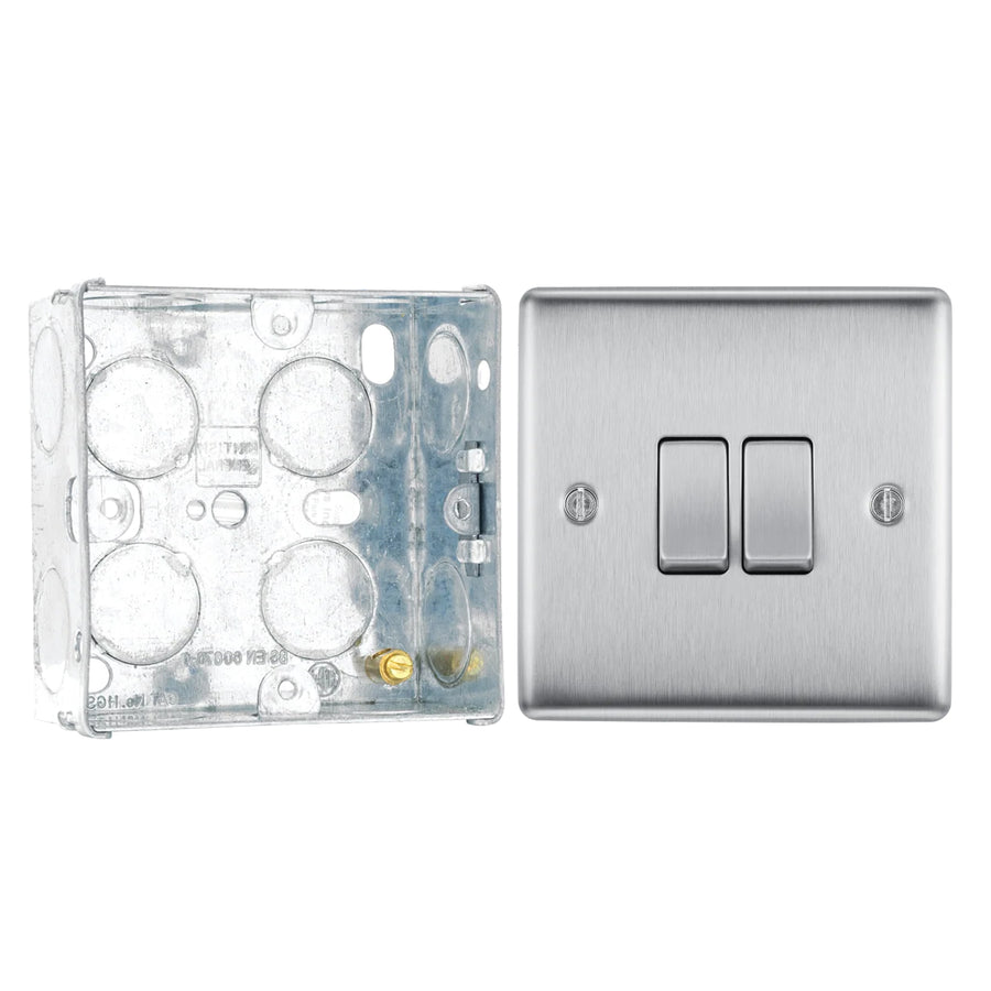 BG Nexus Brushed Steel 20A 16AX 2 Way Double Light Switch NBS42 with 35mm Steel Back Box