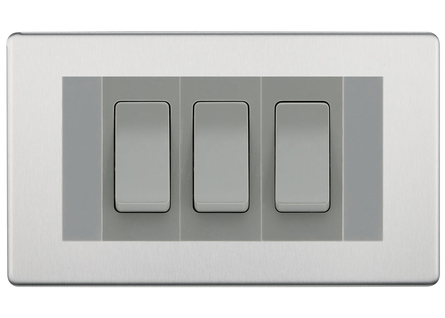 BG Brushed Steel Screwless 3G Switch 1x Intermediate 2x 2 Way Switch - Grey Insert