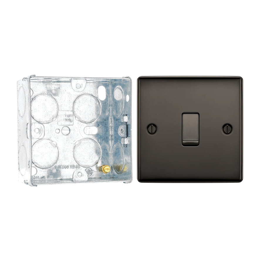 BG Nexus Metal Black Nickel 20A 16AX 2 Way Single Light Switch NBN12 with 35mm Steel Back Box