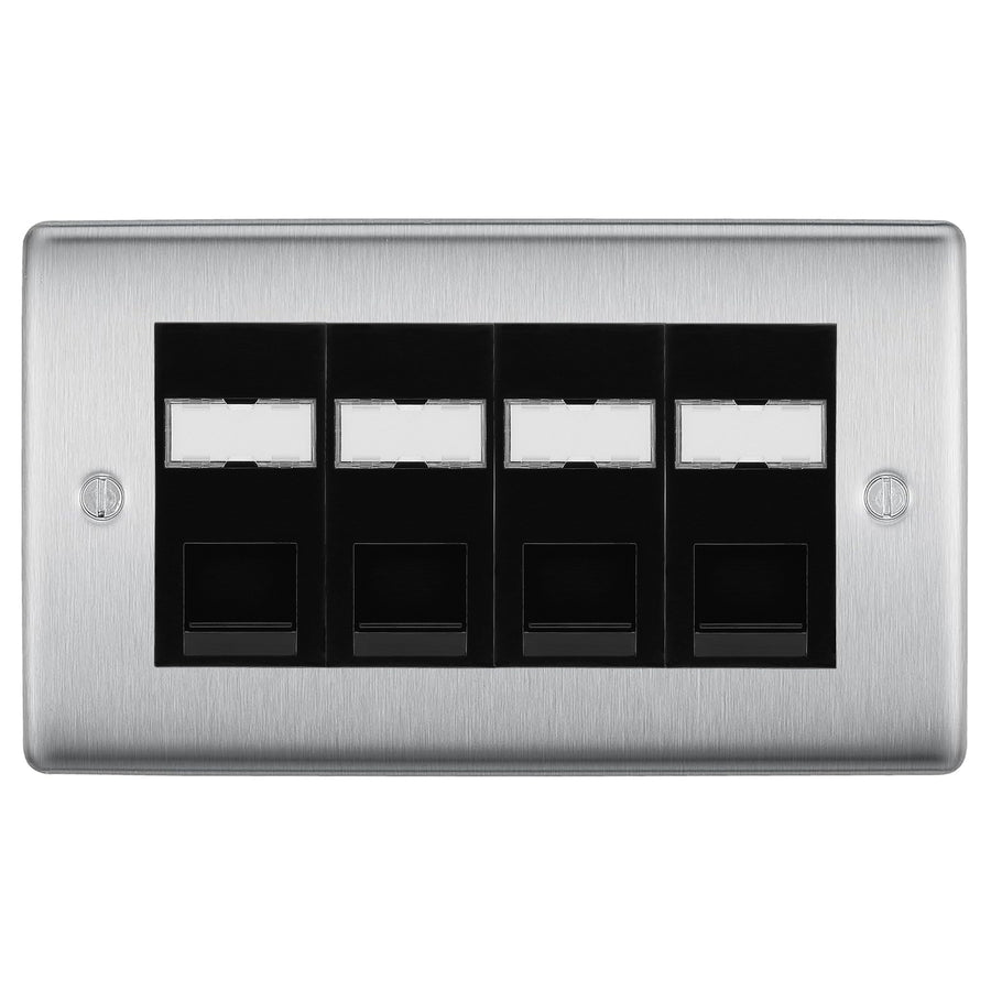 BG Nexus Brushed Steel 4 Gang RJ45 Cat5e Data Socket Black Inserts