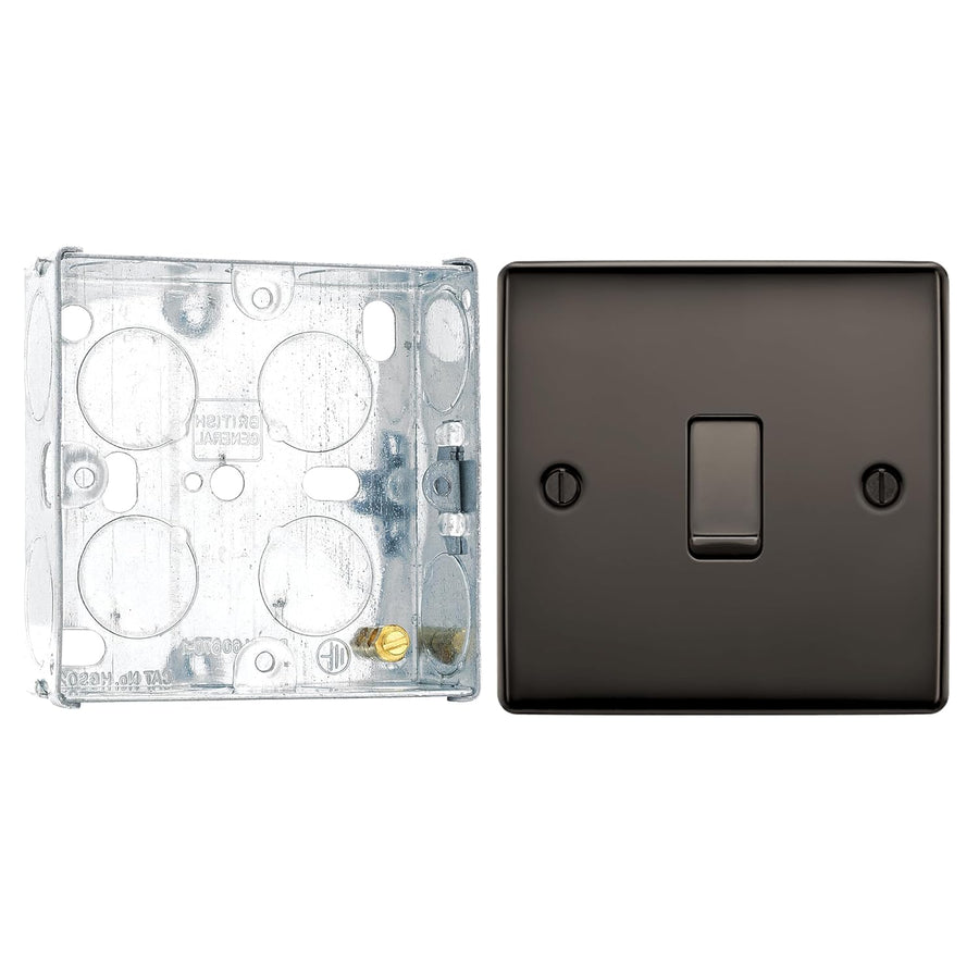 BG Nexus Black Nickel 20A, 16AX 2 Way Single Light Switch NBN12 and 25mm Steel Back Box