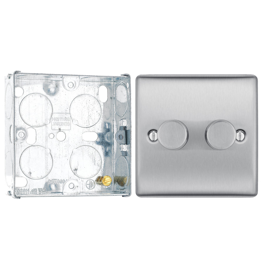 BG Nexus Brushed Steel 200W 2 Way Trailing Edge Double Dimmer Switch NBS82 with 25mm Steel Back Box