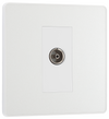  PCDCL60W Front - This Evolve pearlescent white single coaxial socket from British General can be used for TV or FM aerial connections. This socket has a low profile screwless flat plate that clips on and off, making it ideal for modern interiors.