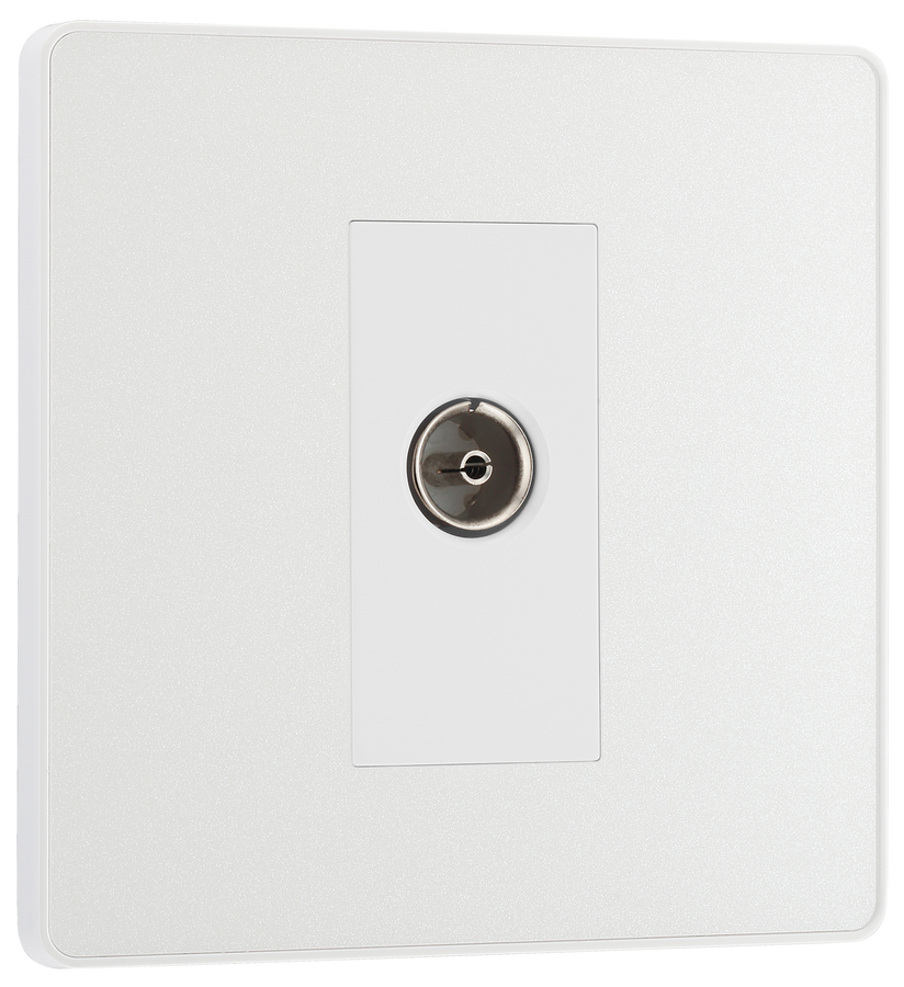  PCDCL60W Front - This Evolve pearlescent white single coaxial socket from British General can be used for TV or FM aerial connections. This socket has a low profile screwless flat plate that clips on and off, making it ideal for modern interiors.