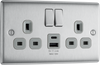 BG NBS22UAC12G Nexus Metal 13A Double Switched Power Socket + USB A+C (12W) - Brushed Steel + Grey Insert