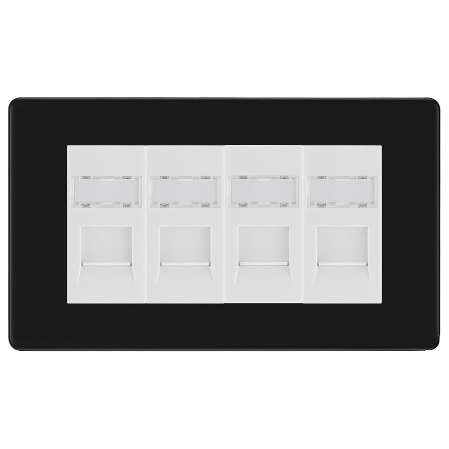 BG Screwless Matt Black 4 Gang RJ45 Cat6 Data Socket Outlet White Inserts