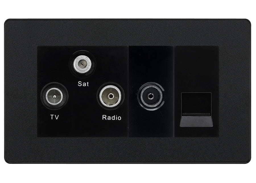 BG Evolve Matt Black TV/FM/SAT + Return & 1 Gang Tel - Screened Triplex Socket