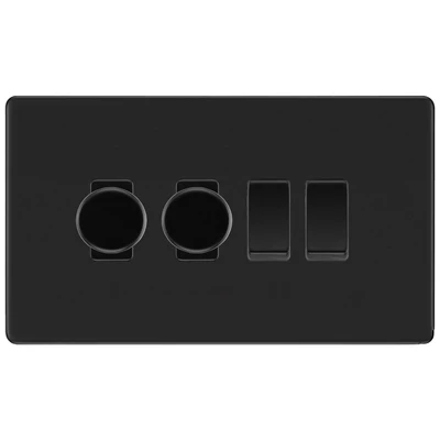 BG Screwless Matt Black 4 Gang Light Switch Grid – 2x Trailing-Edge LED Dimmer, 1x Intermediate, 1x 2-Way Switch