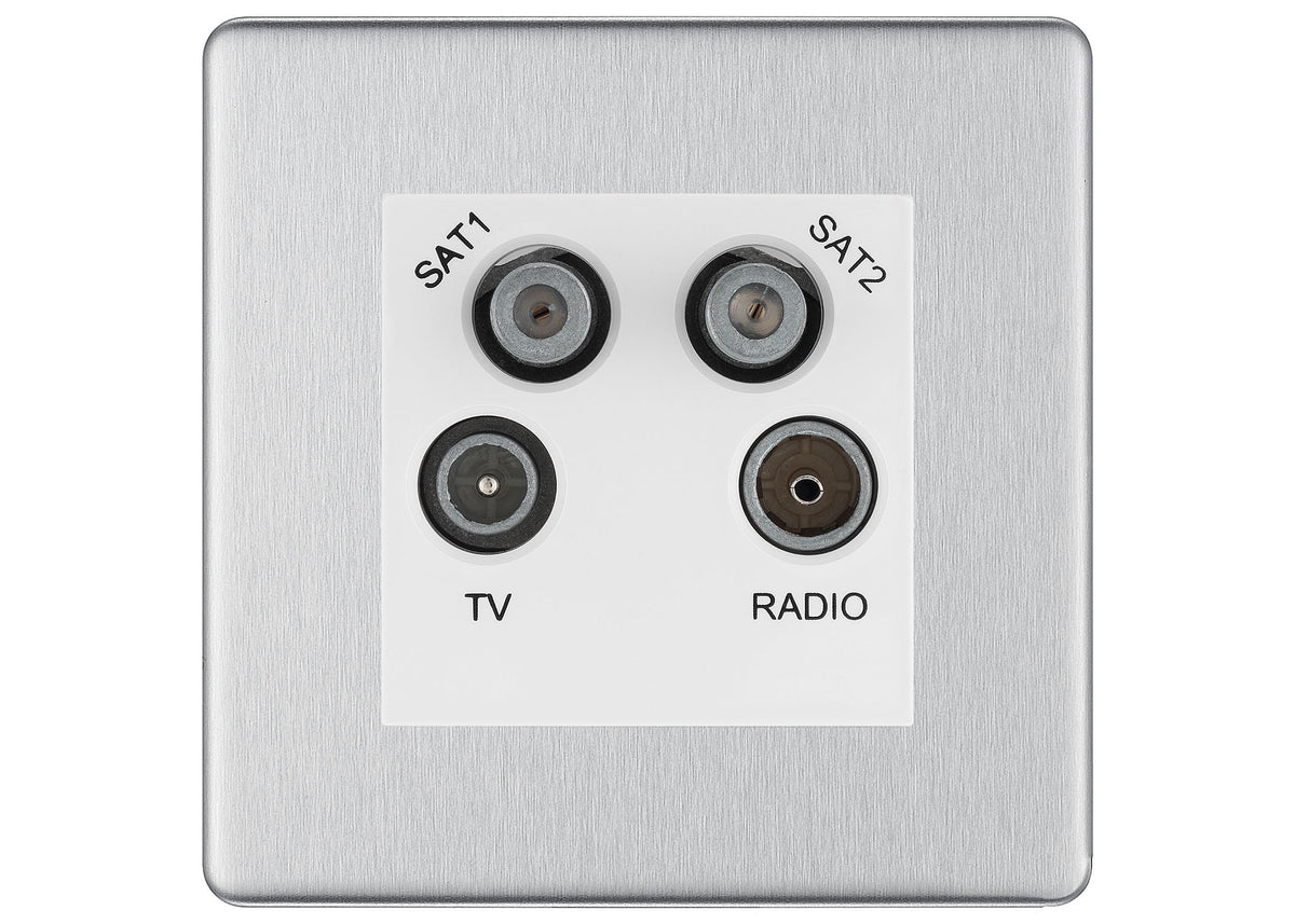 BG Screwless Brushed Steel TV/FM/2x SAT Quadplex Socket – White Insert ...