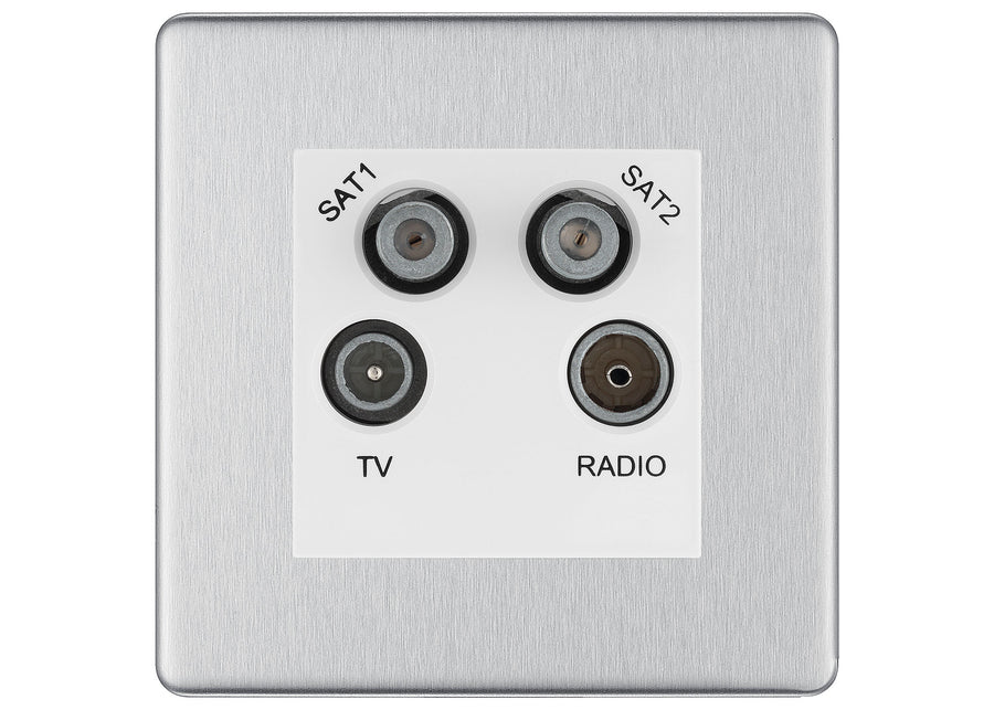 BG Screwless Brushed Steel TV/FM/2x SAT Quadplex Socket – White Insert