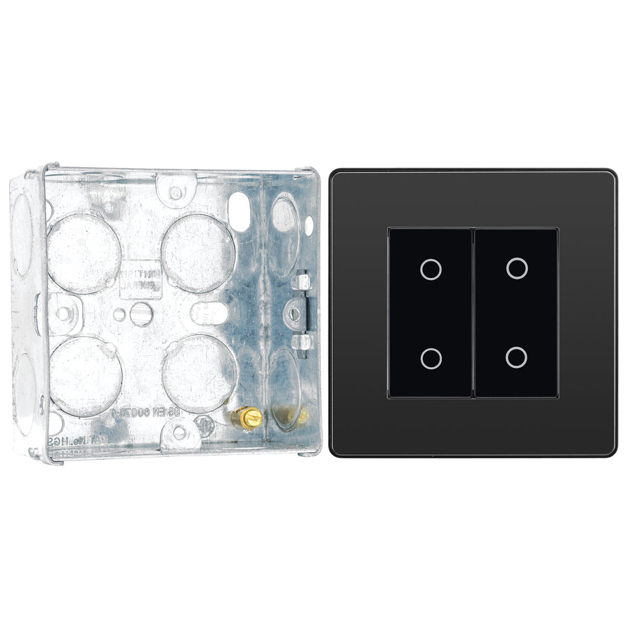 BG Evolve Black Chrome Double Master Touch Dimmer Switch PCDBCTDM2B with 35mm Steel Back Box