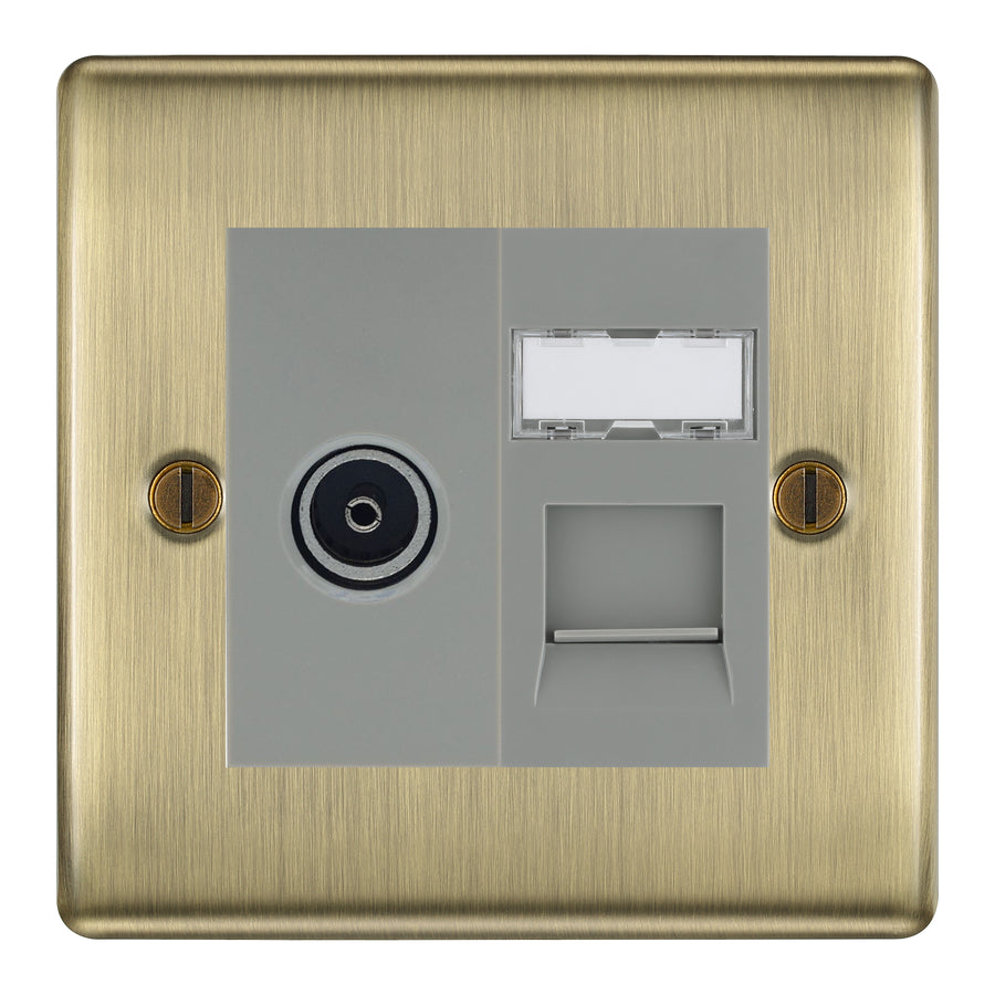 BG Nexus Antique Brass TV Aerial & RJ45 CAT6 Data Socket - Grey Insert