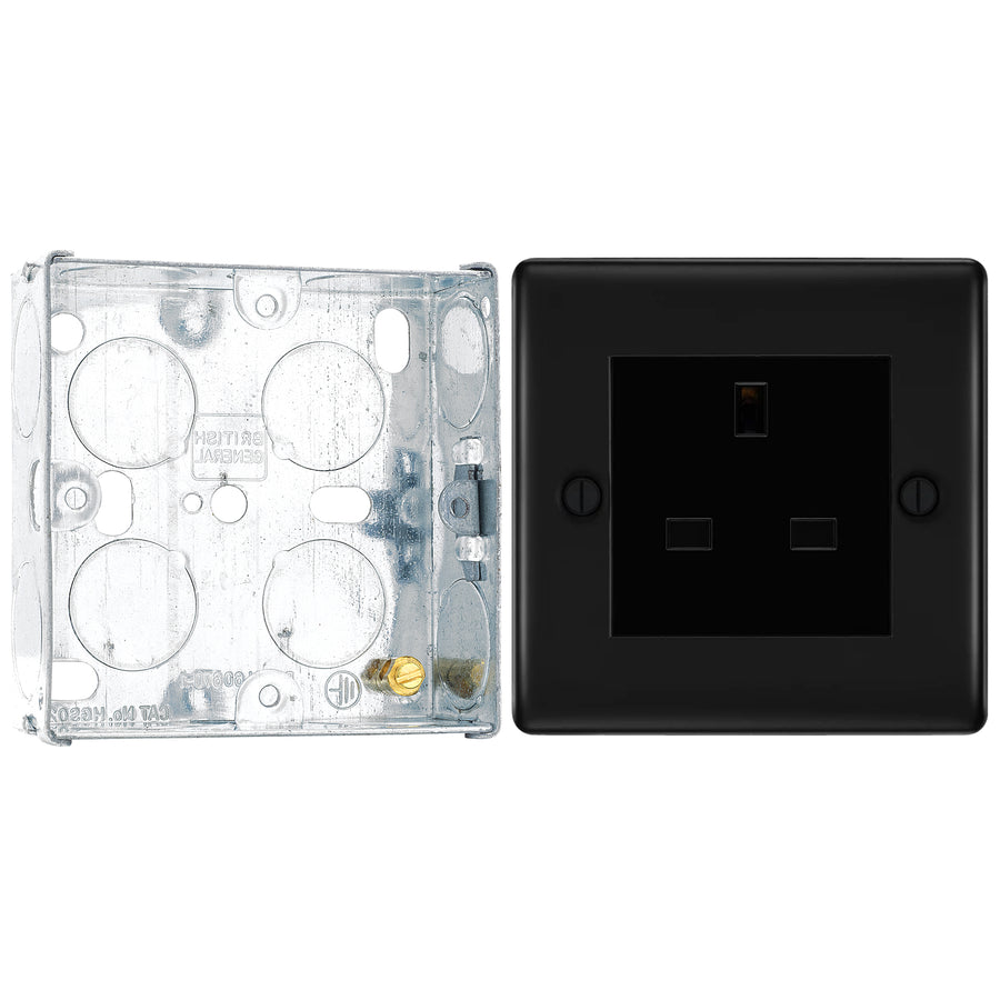BG Nexus Matt Black 13A Single Unswitched Socket NFB23B with 25mm Steel Back Box