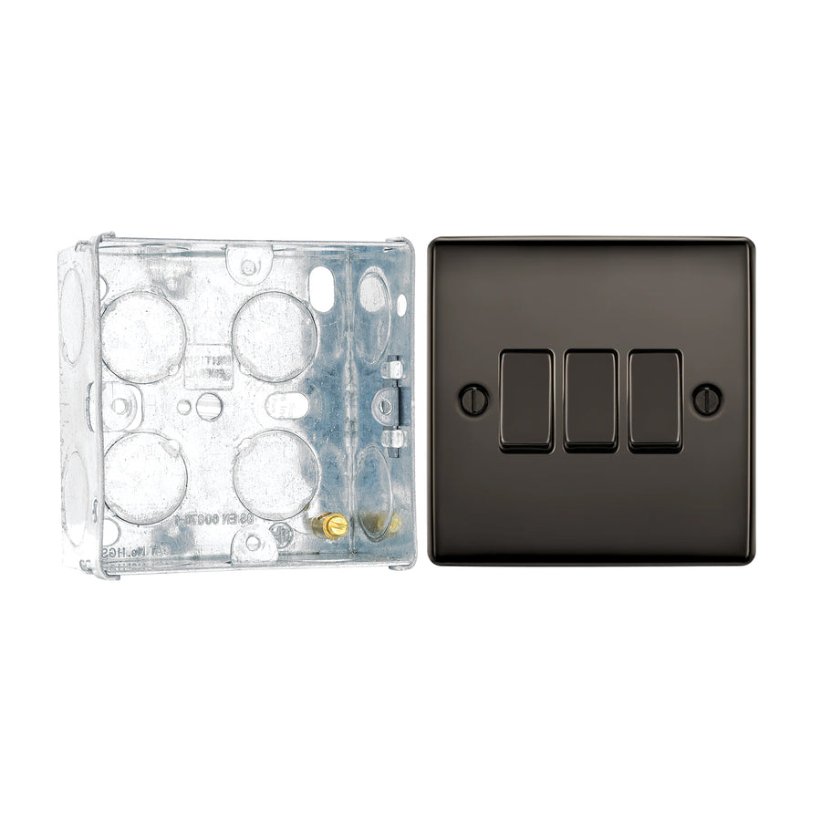 BG Nexus Metal Black Nickel 20A 16AX 2 Way Triple Light Switch NBN43 with 35mm Steel Back Box