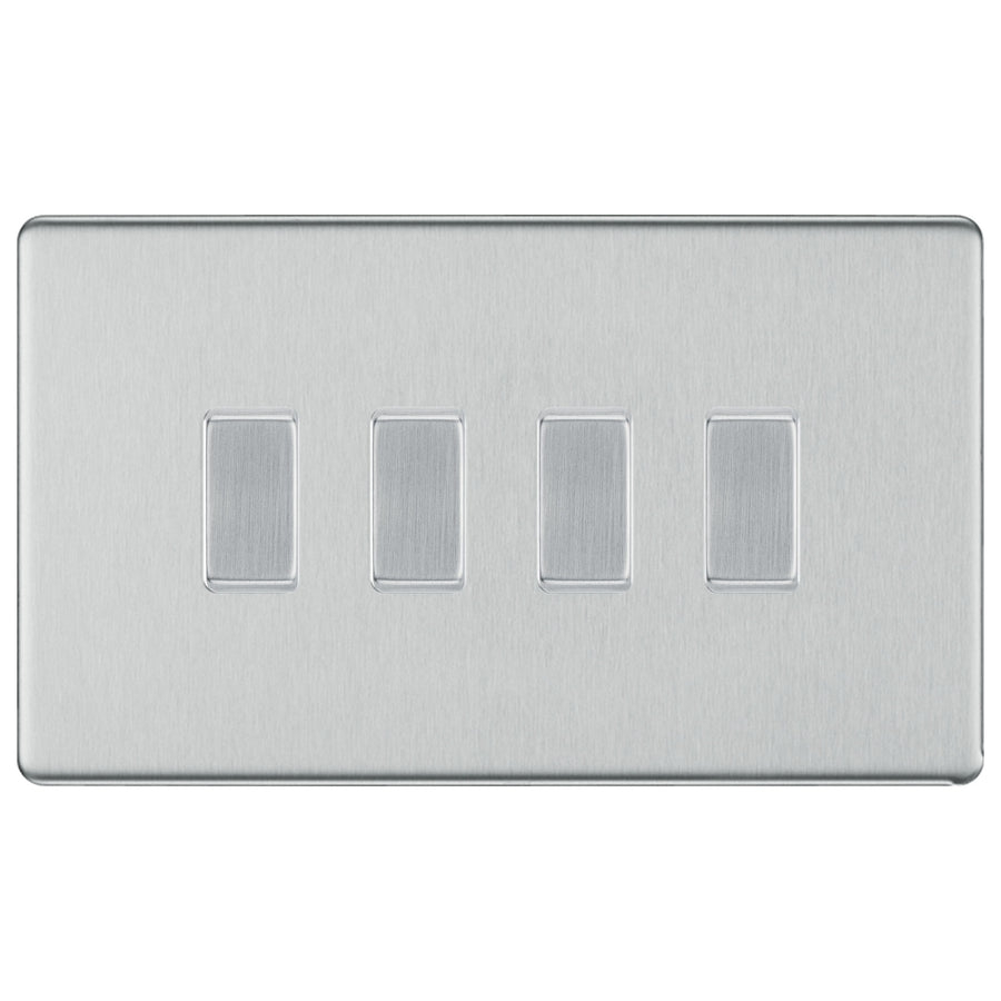 BG Brushed Steel Screwless Flat Plate 4 Gang Light Switch 2x Intermediate 2x 2 Way Custom Switch