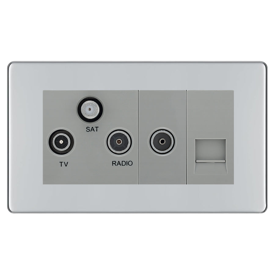 BG Screwless Polished Chrome TV/FM/SAT + Return & 1 Gang Tel - Screened Triplex Socket FPC68G