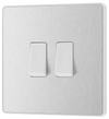 PCDBS42W Front - This Evolve Brushed Steel 20A 16AX double light switch from British General can operate 2 different lights, whilst the 2 way switching allows a second switch to be added to the circuit to operate the same light from another location (e.g. at the top and bottom of the stairs).