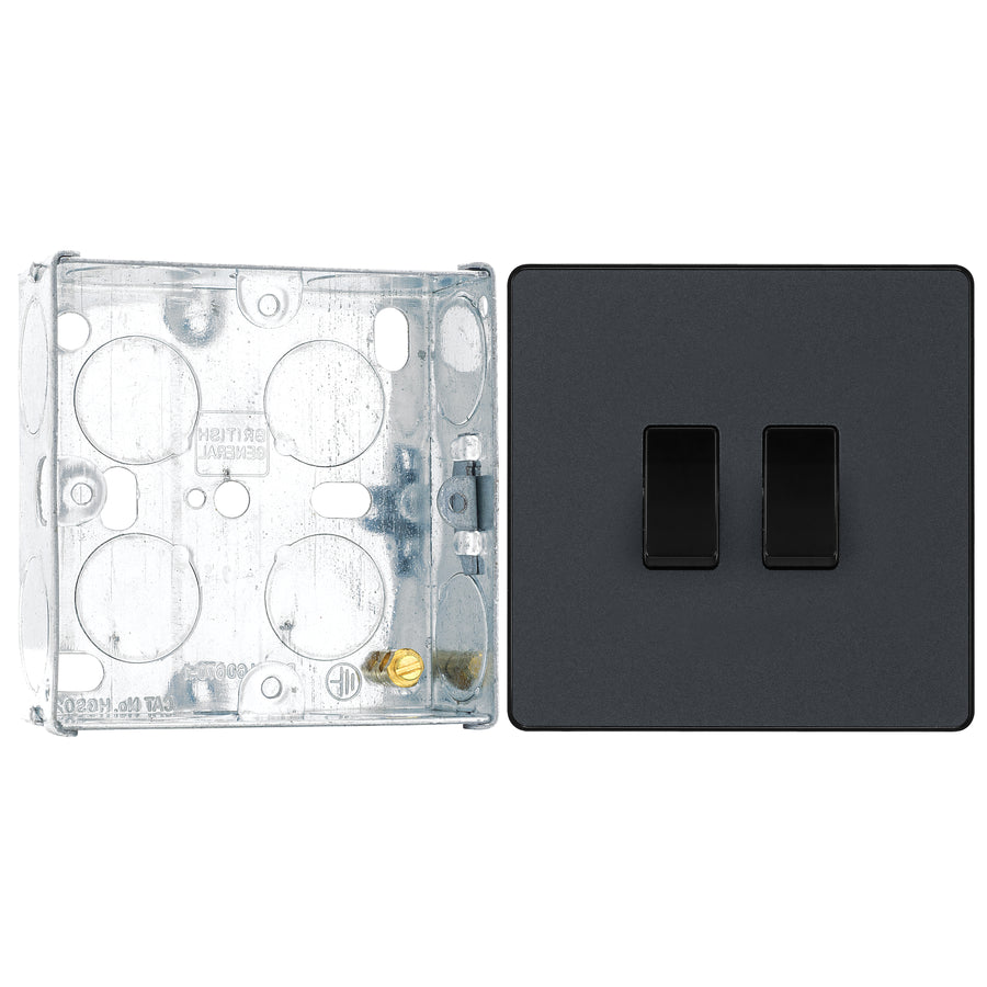 BG Evolve Matt Grey 2 Gang 20A 16AX 2 Way Light Switch PCDMG42B with 25mm Steel Back Box
