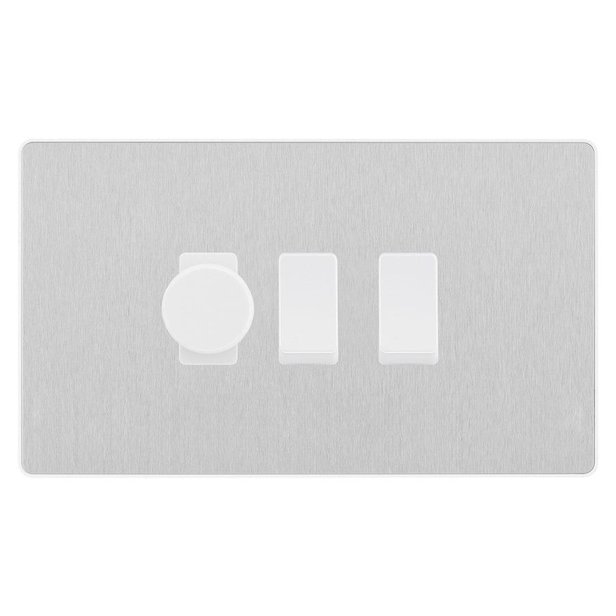 BG Evolve Brushed Steel 3 Gang Light Switch 1x Trailing Edge LED Dimmer 2x 2 Way Custom Switch