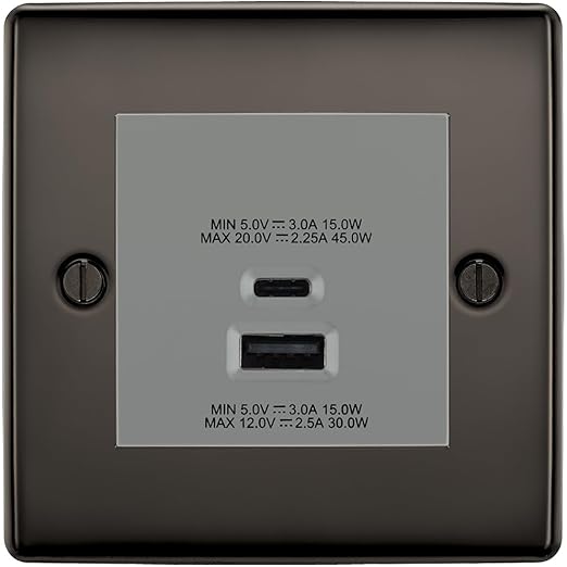 BG Nexus Black Nickel 45W USB Wall Socket Euro Module USB-A & C - Grey Insert